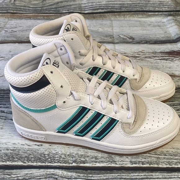 Adidas Junior Top Ten RB J White High-Top Sneakers w/Blue & Green Stripes Sz 6.5 - Picture 3 of 10